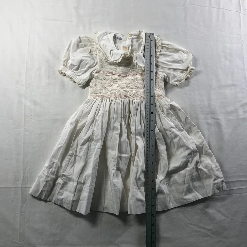 Anavini Vintage White Cotton Smocked Dress Pink Floral Embroidery Lace Size 3